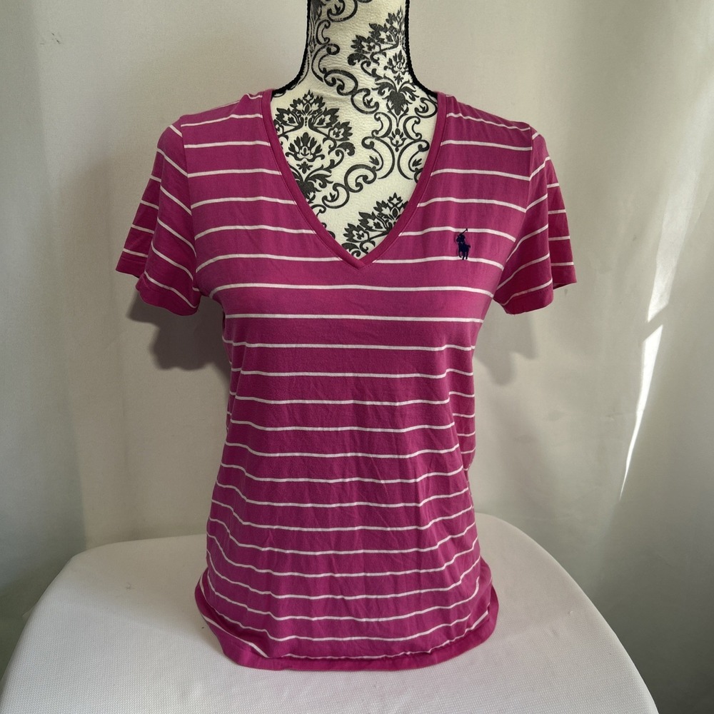 Ralph Lauren Sport Tee Shirt Women's Sz Large Pink White Striped V Neck